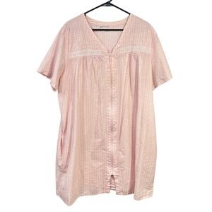 Vintage Pink Striped‎ Robe 2X 3X Zip Front Lace Trim Cottagecore Grannycore